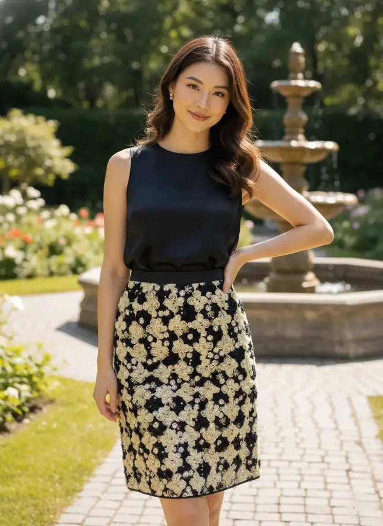 Couture-Inspired 3D Floral and Pearl Embellished Pencil Skirt